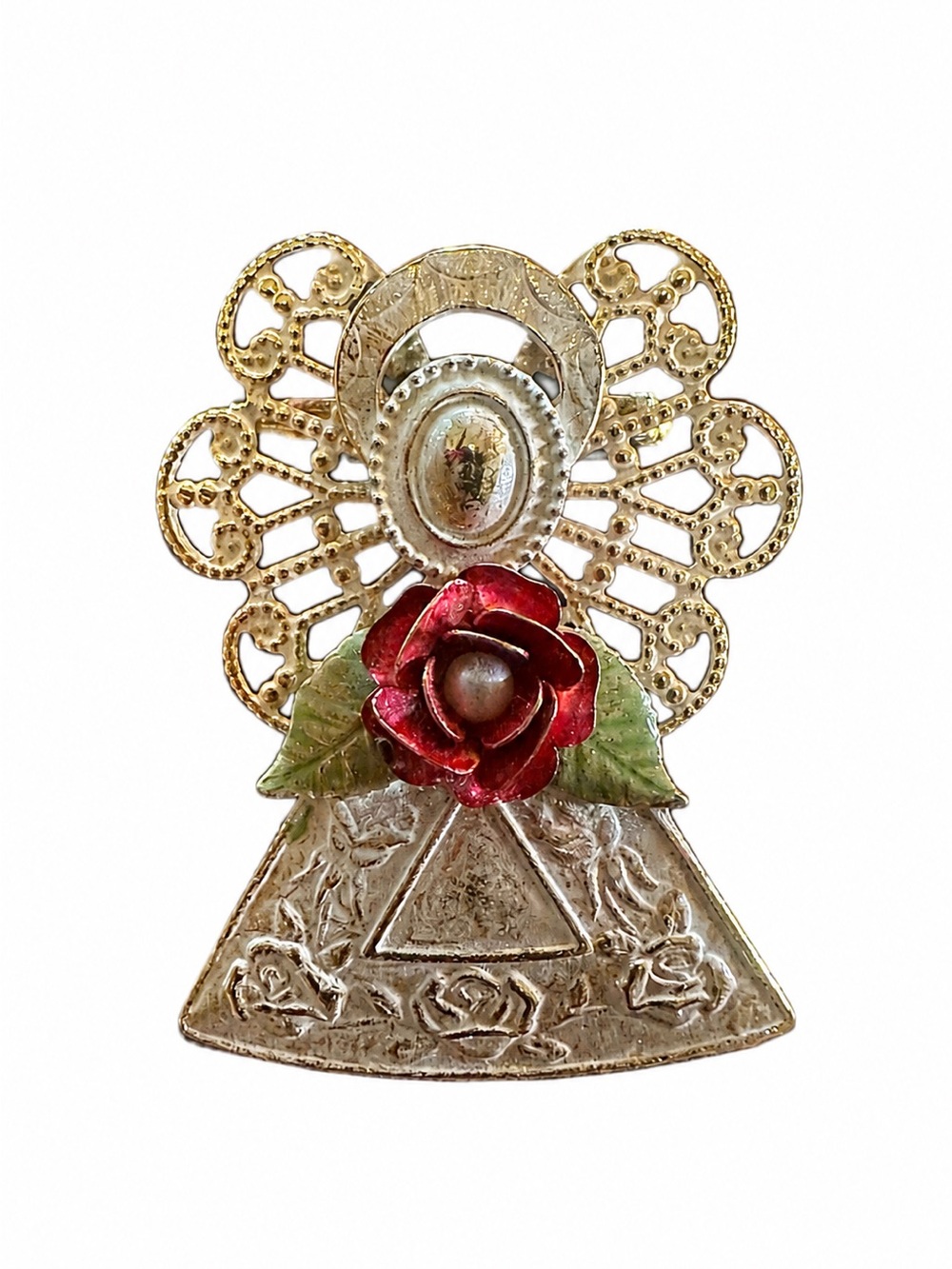 Vintage Signed Kenneth Cole Angel Brooch Gold Tone Filigree Red Rose Faux Pearl